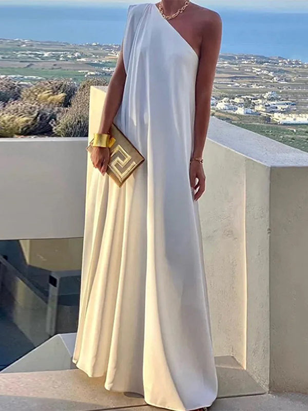 Loose Asymmetric Color Split-joint One-shoulder Maxi Dresses