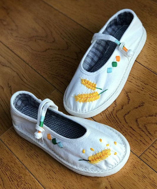 White Embroidery Cotton Fabric Splicing Buckle Strap Flat Shoes for