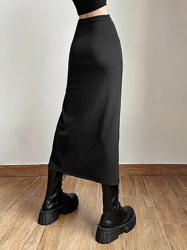 Black Split Simple All-match Hot Street Outing Cool Mature Vitality Personality Trend Basic ’s Skirt