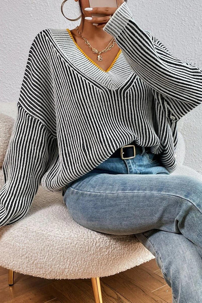 Striped Colorblock V-neck Batwing Sweater