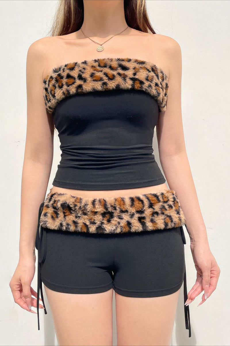 Leopard Fleece Tube Tank Drawstring Two Piece Set