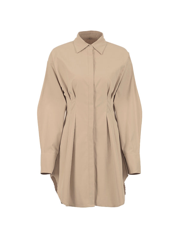 Fold Pleated Detail Shirt Long Sleeve Mini Dress
