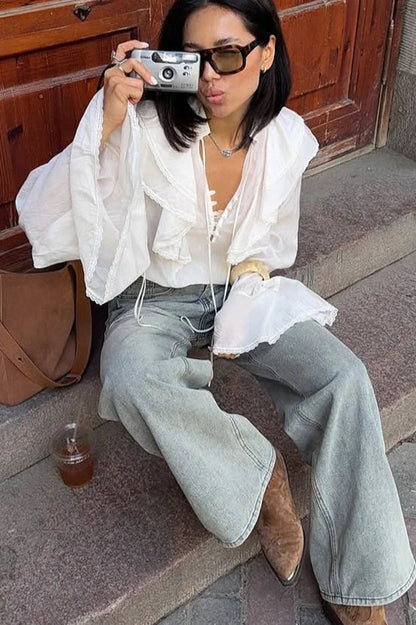 V-neck Tie Lace Trim Blouse