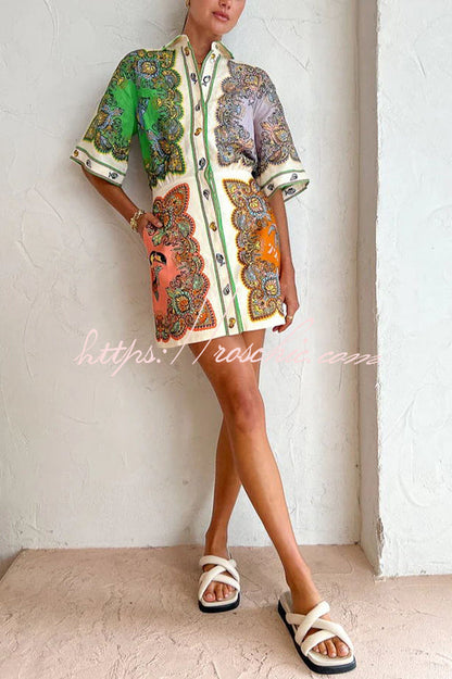Coco Mermaid Print Button Down Pockered Shirt Mini Dress