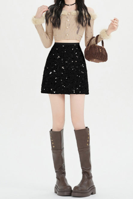 High Waisted Sequin Bodycon a Line Skirt