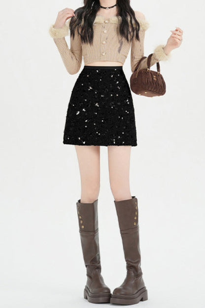 High Waisted Sequin Bodycon a Line Skirt