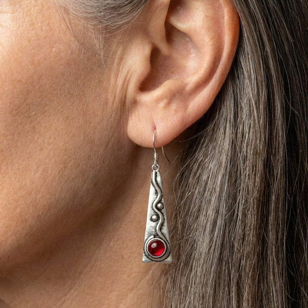 Artisan Silver Geometric Red Stone Earrings