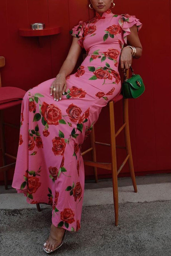 Party Cheongsam Style Rose Print Layered Flared Sleeve Elastic Long Skirt