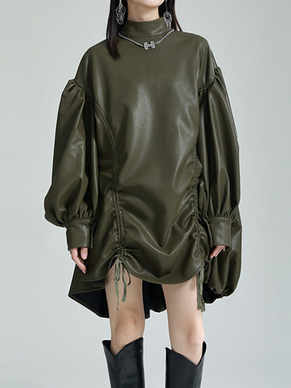 High-low Long Sleeves Drawstring Pleated Color Stand Collar Mini Dresses