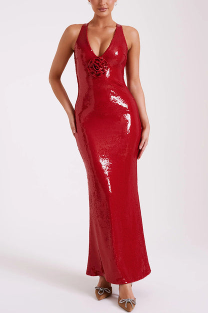 Sicilian Rose Sequin Three-dimensional Backless Maxi Dress