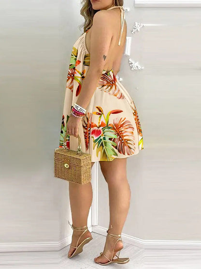 Loose Sleeveless Contrast Color Leaf Printed Halter-neck Mini Dresses