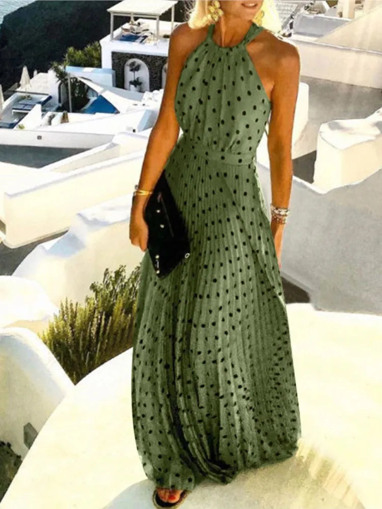 Polka Dot Print Halter Neck Long Dresses Backless Leace-up Sleeveless Pleated Dress Summer Vacation Style Vestidos