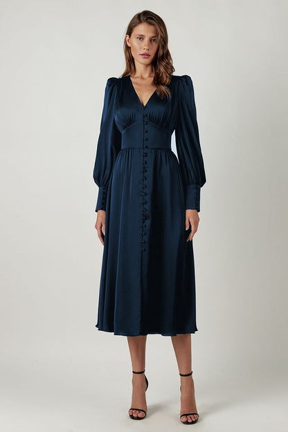Satin Puff Sleeve Tailored Midi Dress