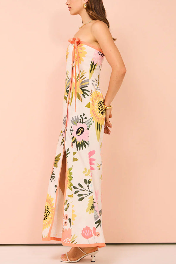 Inessa Linen Blend Print Strapless Wrap Bow Maxi Dress