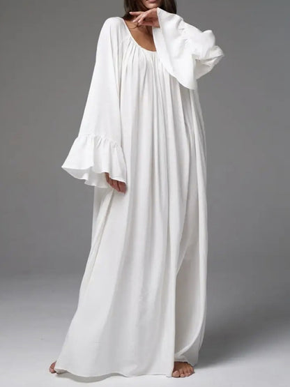 A-line Flared Sleeves Pleated Color Split-joint Round-neck Maxi Dresses