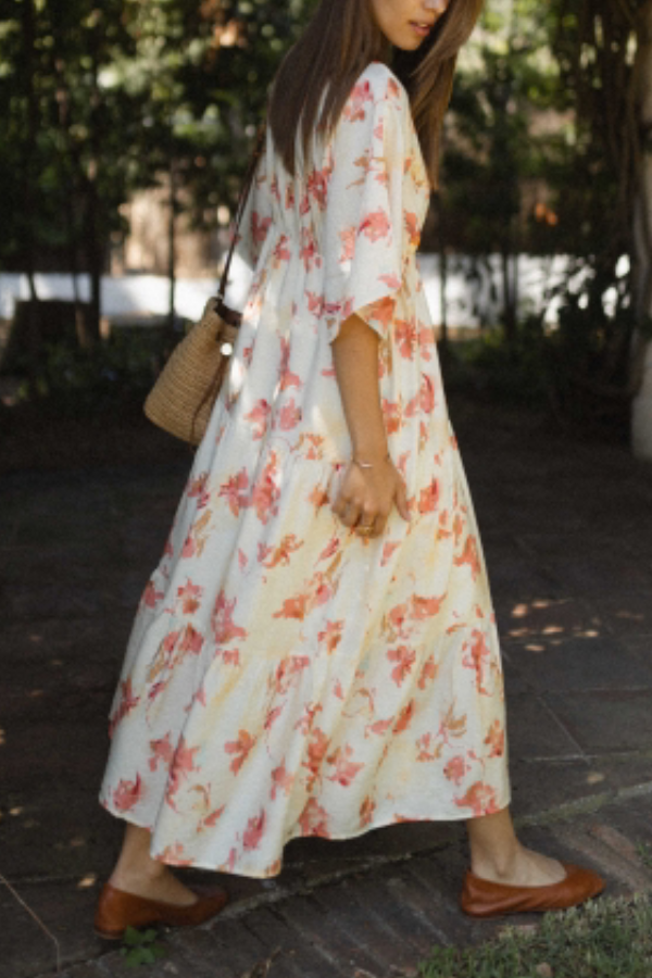 V-neck Loose Printed Long Dress