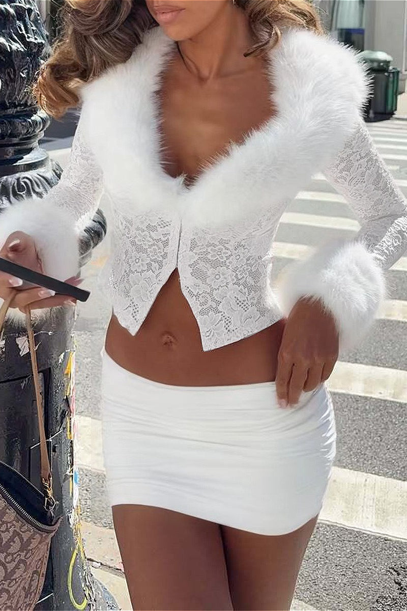 Fleece Patchwork Lace Long Sleeve Two Piece Set