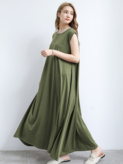 Simple Loose Sleeveless Color Round-neck Maxi Dresses