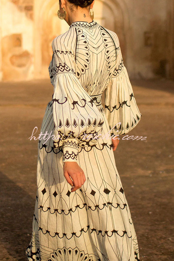 Perfect for Spring Linen Blend Print Button Balloon Sleeve Belted Shirt Midi Dress