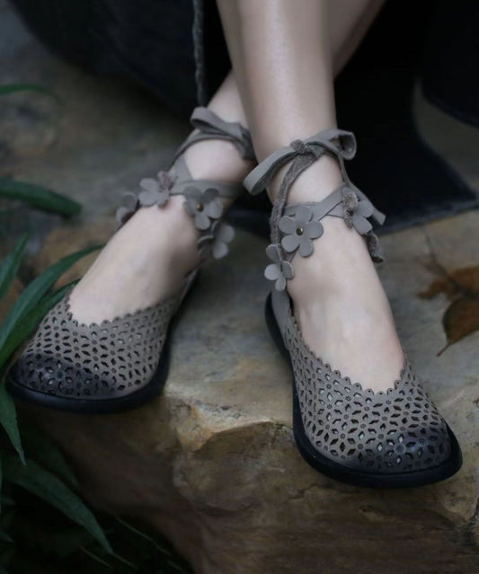 Grey Flat Shoes Calf Fitted Splicing Hollow Out Cross Strap