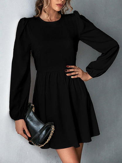 A-line Bishop Sleeve Backless Elasticity Hollow Pleated Color Tied Round-neck Mini Dresses