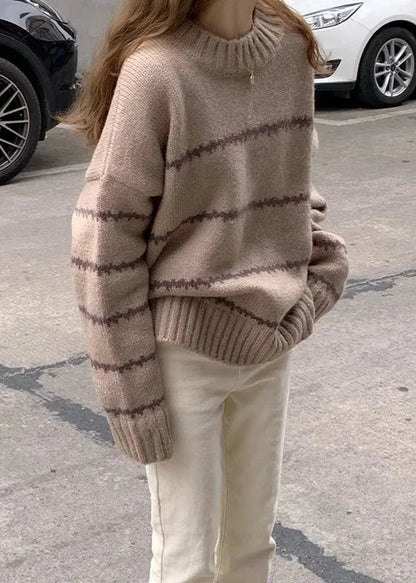 Oversized Cozy Knit Sweater - Long Sleeve Striped Knitwear