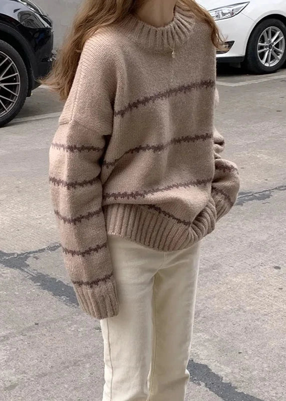 Oversized Cozy Knit Sweater - Long Sleeve Striped Knitwear