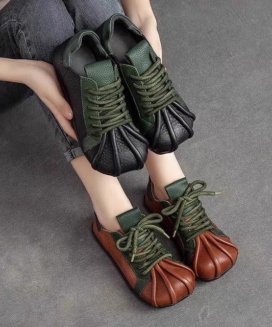 Green Cowhide Leather Flat Shoes Splicing Lace Up