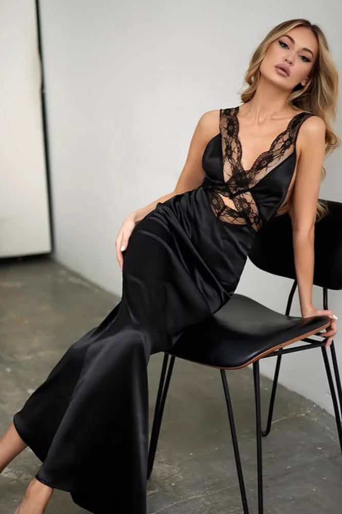Lace Cut-out V-neck Satin Paneled Bodycon Maxi Dress