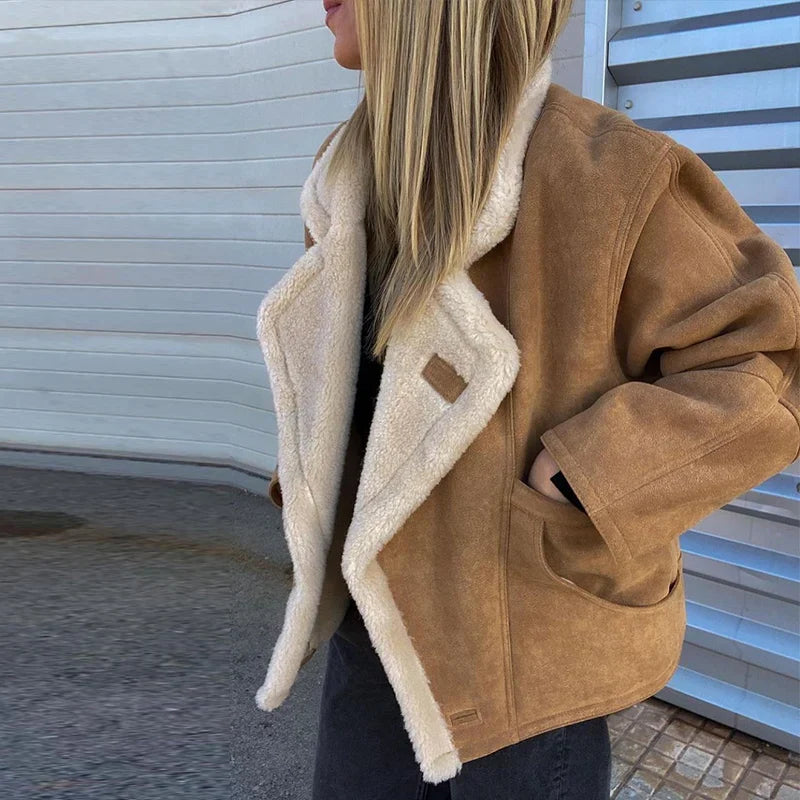 Lamb Woolen Spliced Warm Coat for Side Buttons Lapel Full Sleeve Jackets Lady Autumn Winter Thick Outwear