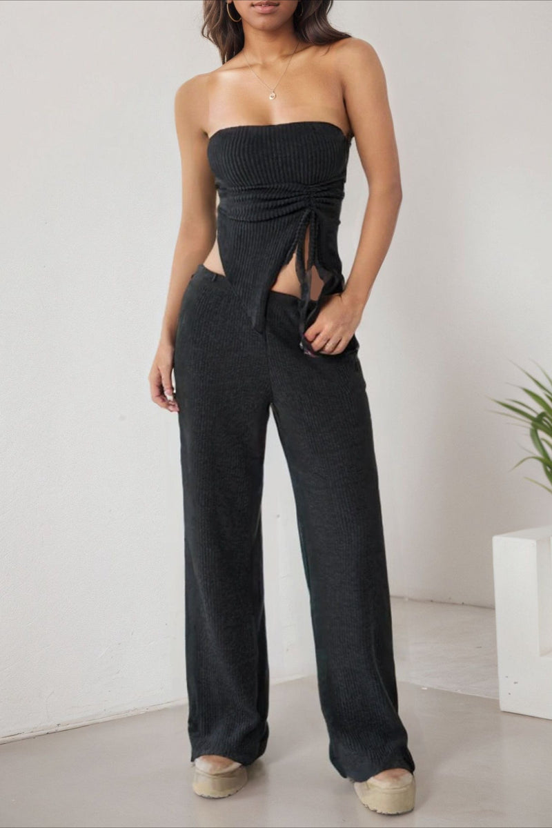 Wrap Front Split Hem Top Straight Pants Set