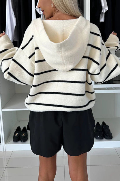 And Comfort Knit Striped Button Up Pocketed Loose Hooded Cardigan