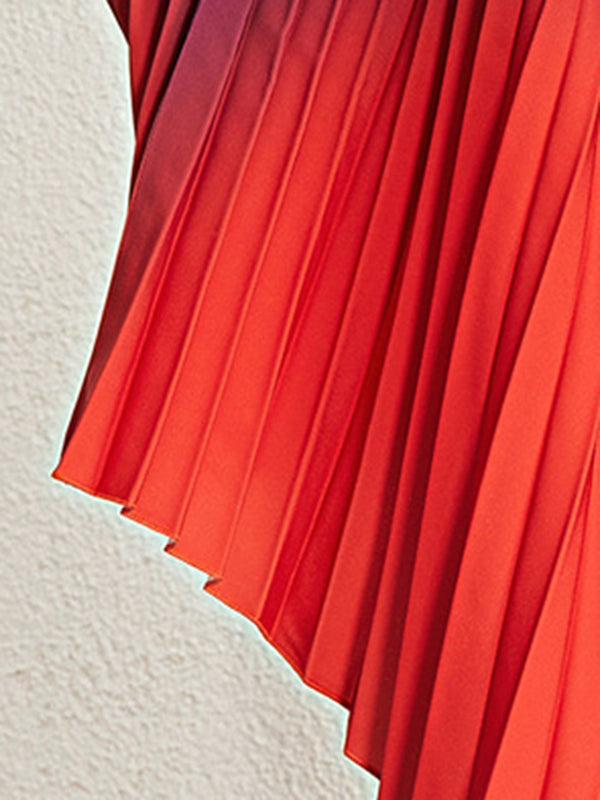 Batwing Sleeves Loose Gradient Pleated Round-neck Midi Dresses