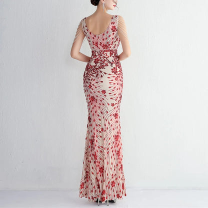 V-neck Sleeveless Dress With Stones and Crystals Sequins Tassel Party Dresses High Waisted Long Dress
