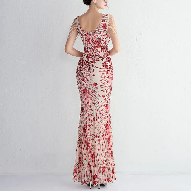 V-neck Sleeveless Dress With Stones and Crystals Sequins Tassel Party Dresses High Waisted Long Dress