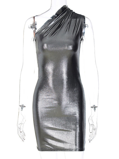 Skinny Asymmetric Shiny Color Split-joint One-shoulder Evening Dresses Mini Dresses