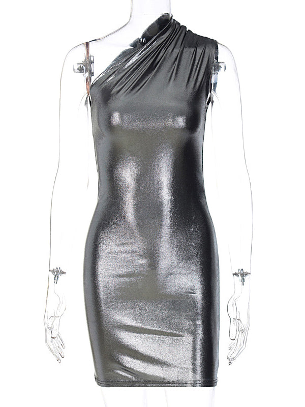 Skinny Asymmetric Shiny Color Split-joint One-shoulder Evening Dresses Mini Dresses