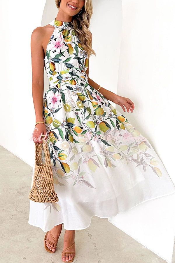 Print Halterneck Tie Zip Smocked Maxi Dress