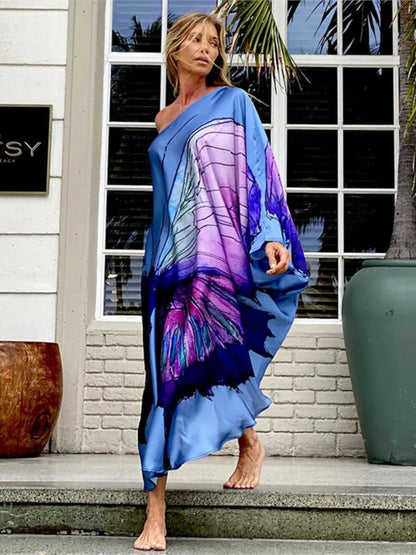 Color Butterfly Print One Shoulder Sleeve Dresses Off Shoulder Loose Beach Vacation Irregular Long Dress