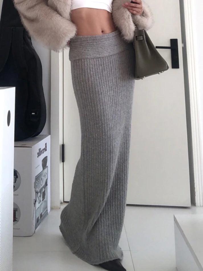 Classic Gray Turned Waist Low Rise Maxi Skirt