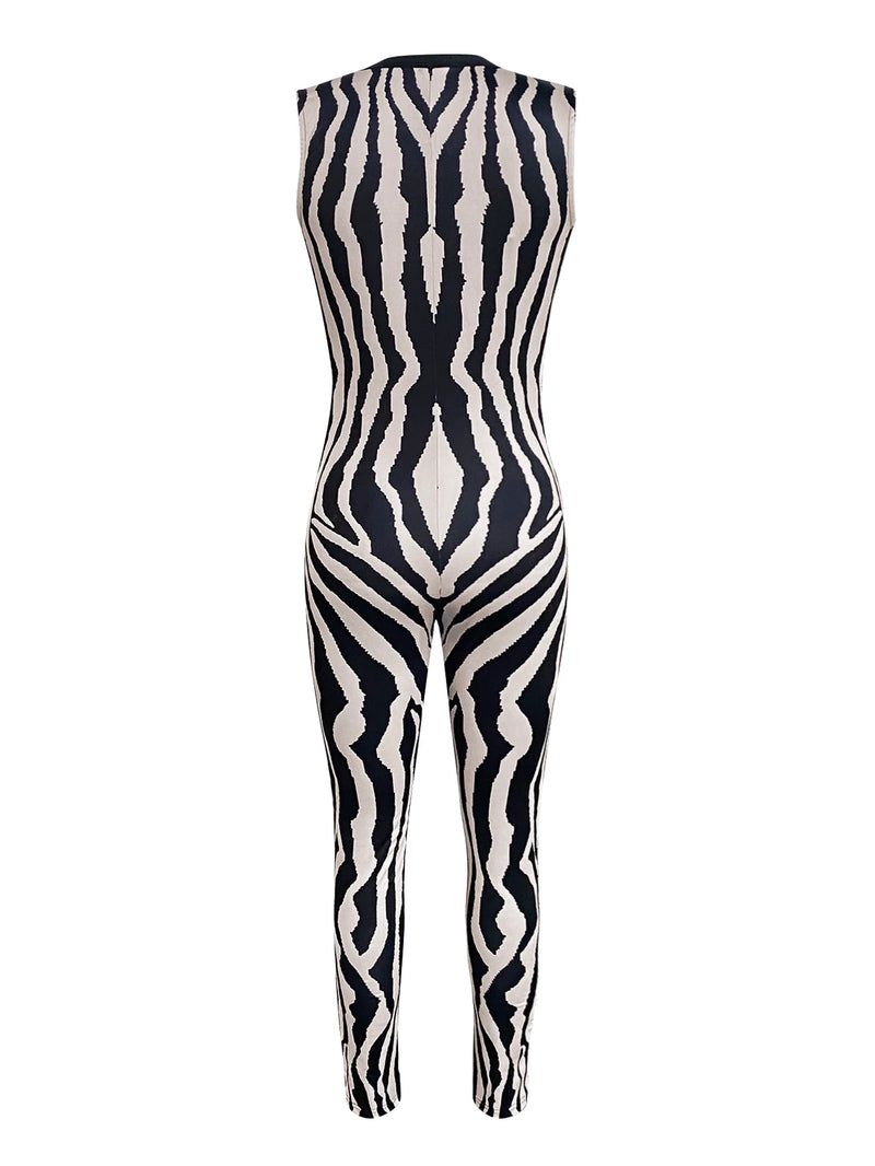 Striped Zipper Design Cami Jumpsuit – Fashionable Vine Round Neck Tight Sleeveless Jumpsuit for Sportswear