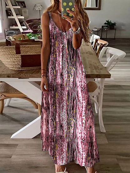 A-line Loose Printed Spaghetti-neck Maxi Dresses