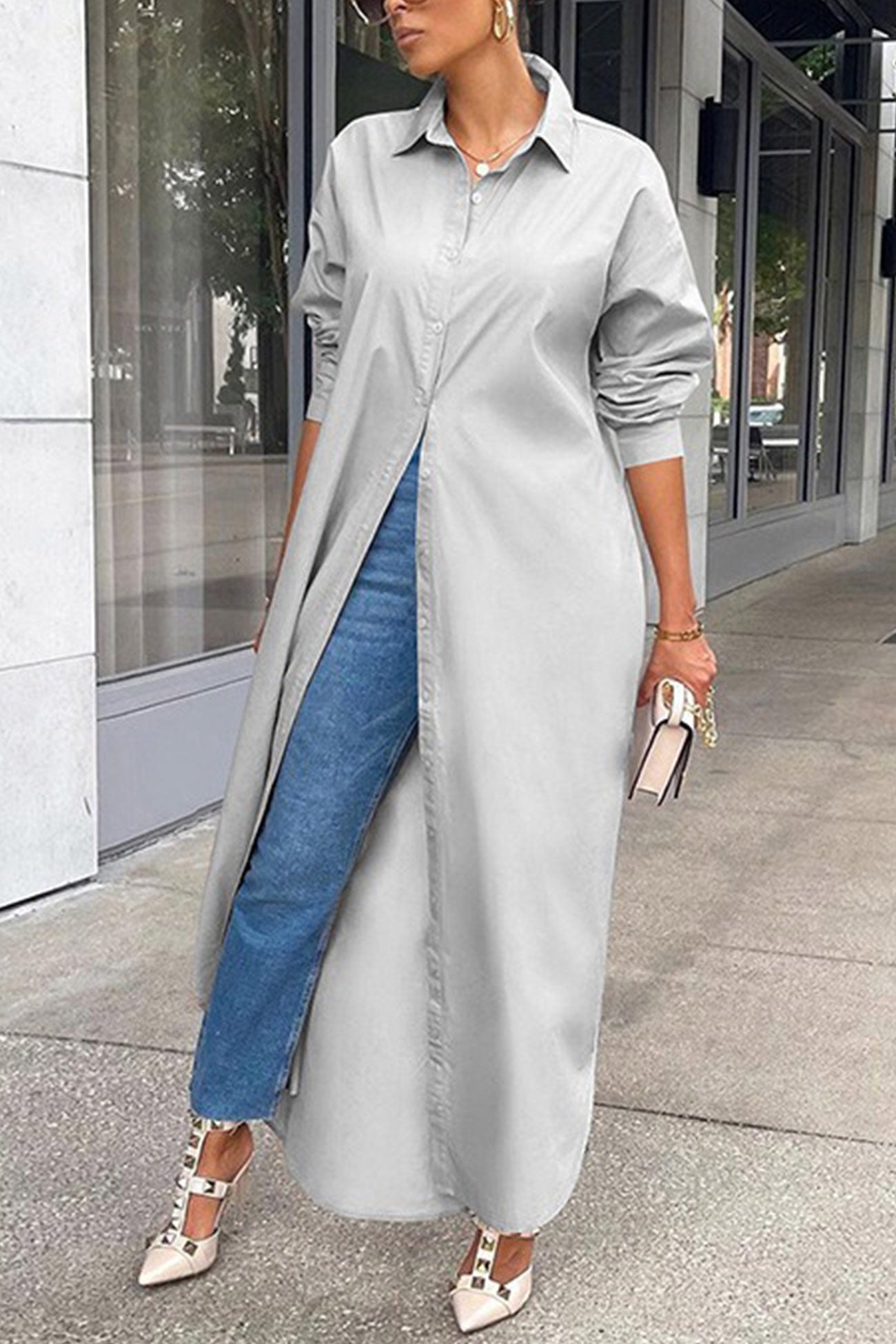 Color Single-breasted Long Blouse