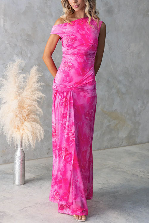 Asymmetric Shoulder Ruched Waist Print Maxi Dress