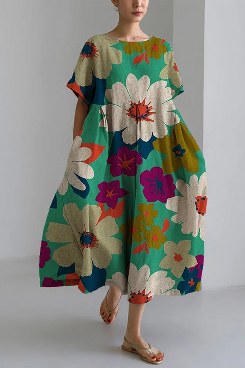 Printed Short Sleeves Pocketed A-line Midi Dress