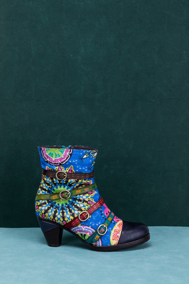 Soffia | Mandala Blue Firework Strap Accent Leather Boot