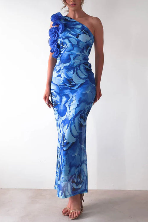 Moxidress Ruffle One Shoulder Print Bodycon Maxi Dress