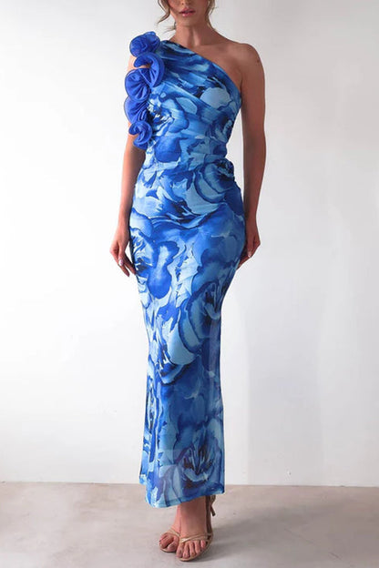 Moxidress Ruffle One Shoulder Print Bodycon Maxi Dress