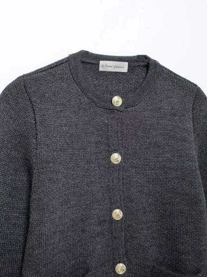 Gold Decorated Row Button Short Knitted Cardigan