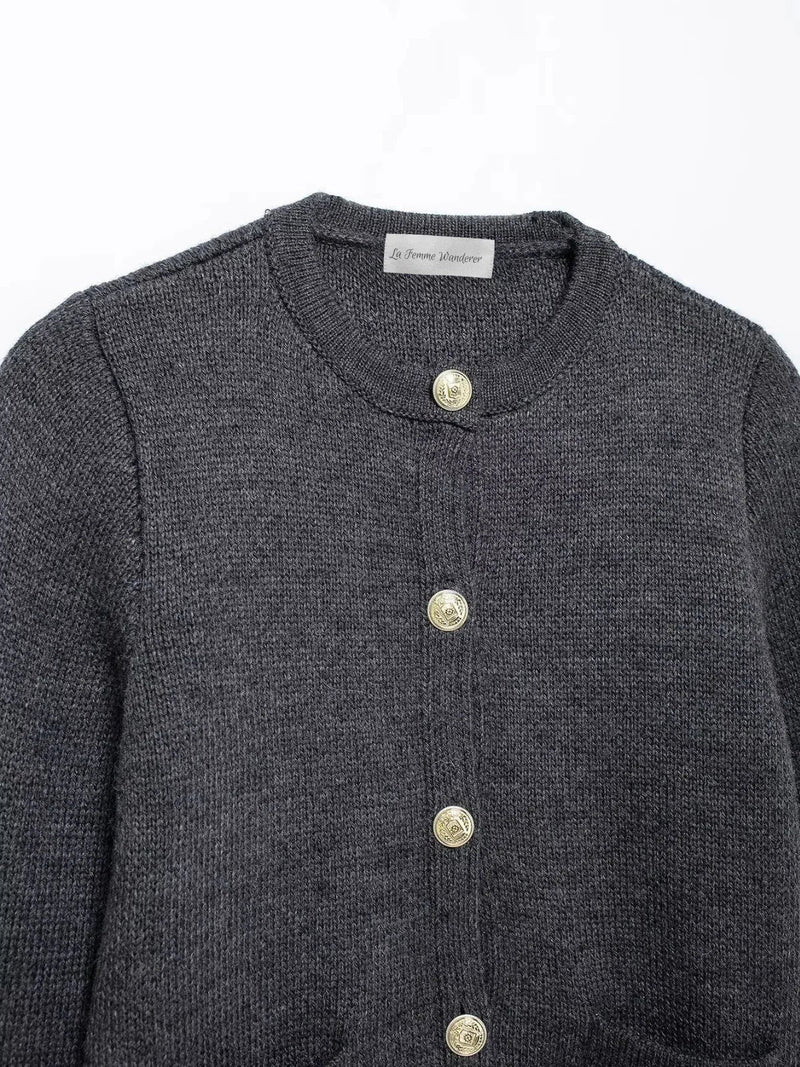 Gold Decorated Row Button Short Knitted Cardigan